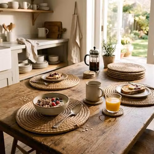 Argon Tableware Round Woven Palm Leaf Coasters, Set of 6, Brown or Beige, Diameter: 10 cm – 4