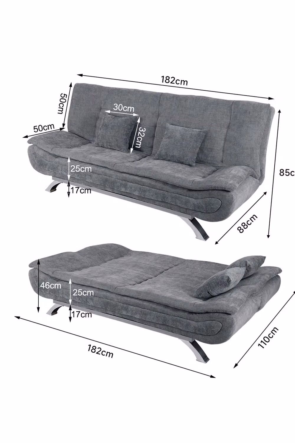 H&O Direct 2-Seater Modern Fabric Sofa Bed in Grey with Included Scatter Cushions – 3
