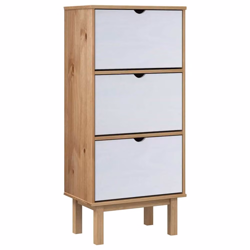 Berkfield Home OTTA Shoe Cabinet in Brown and White Solid Pine Wood with 3 Drawers and Tilting Compartments, W/D/H: 120 x 35 x 55 cm – 2