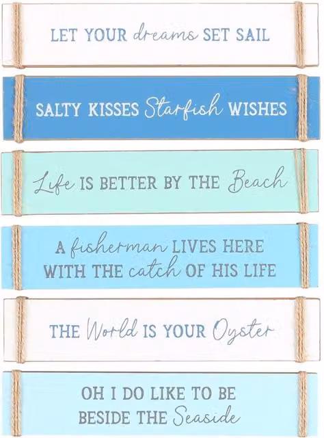 Something Different Nautical Maritime Wood Typography Plaques, Pack of 6, Blue and White