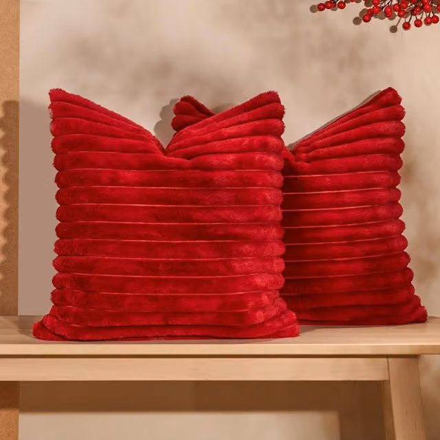 OHS Pack of 4 Red Faux Fur Ribbed Square Cushion Covers