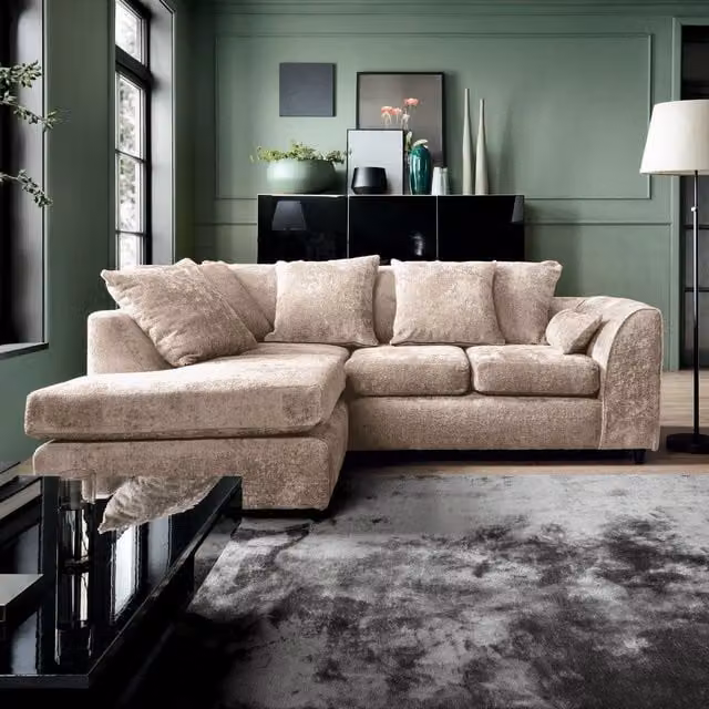 Abakus Direct Harriet Left Facing Corner Sofa in Cream Crushed Chenille with Scatter Cushions – 1