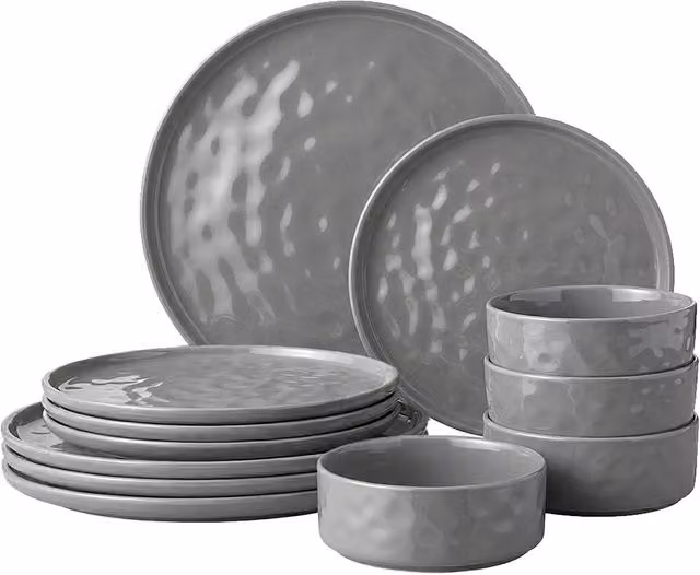 Simpa Artisan Hammered Range 24 Piece Stoneware Dinner Set in Grey and White – 1