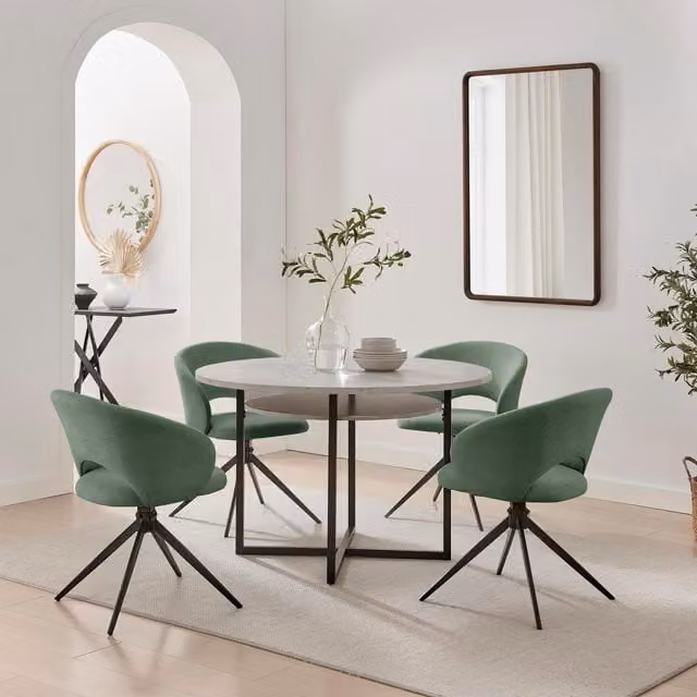 Furniturebox UK Adley Round Grey Concrete Effect Dining Table with 4 Anika Green Swivel Chairs