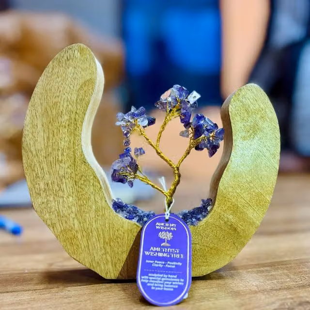 KDMK Handcrafted Amethyst Gemstone Tree with Mango Wood Ring in Purple