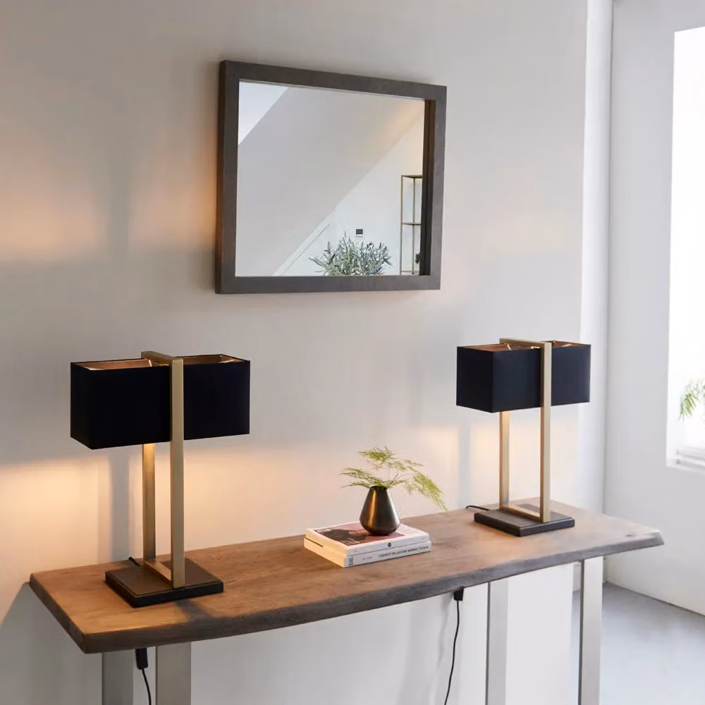 Loops Antique Brass Framed Table Lamp with Rectangular Black Cotton Shade and Matt Black Base – 4