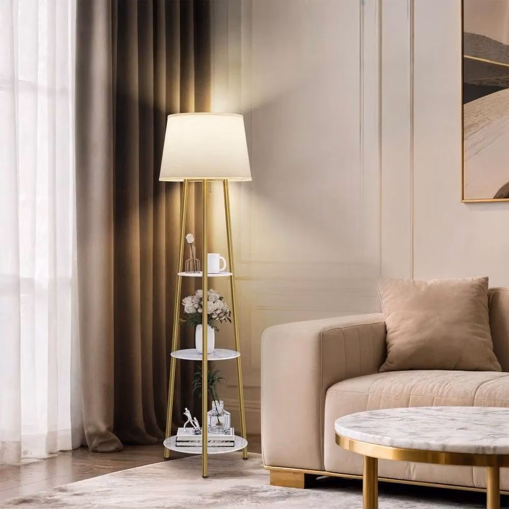 Hinsinc 3-Tier Shelf Floor Lamp with Beige Shade and Gold/Brass Metal Frame – 3
