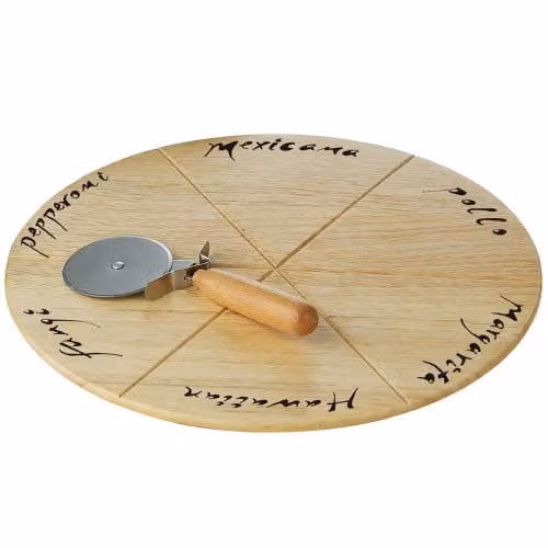 Premier Housewares Round Rubberwood Pizza Cutting Board with Pizza Cutter, Beige, W/D: 32 x 32 cm, H: 2 cm