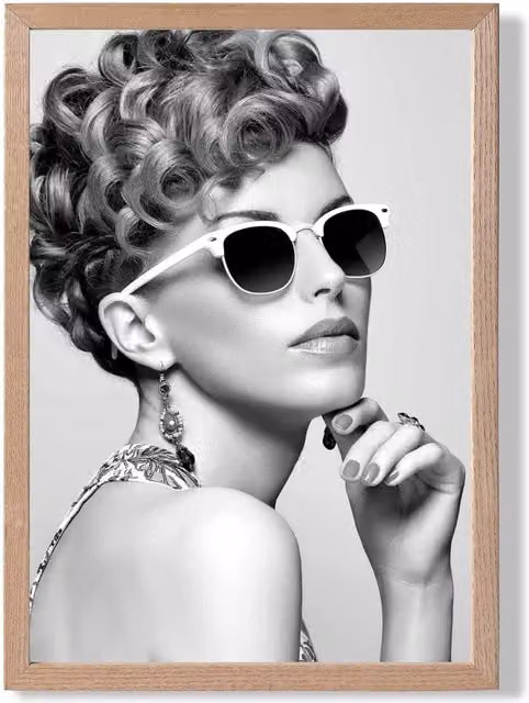 ARTZE Girl with Sunglasses Black and White Framed Photo Print with Oak Frame, A3 – 1