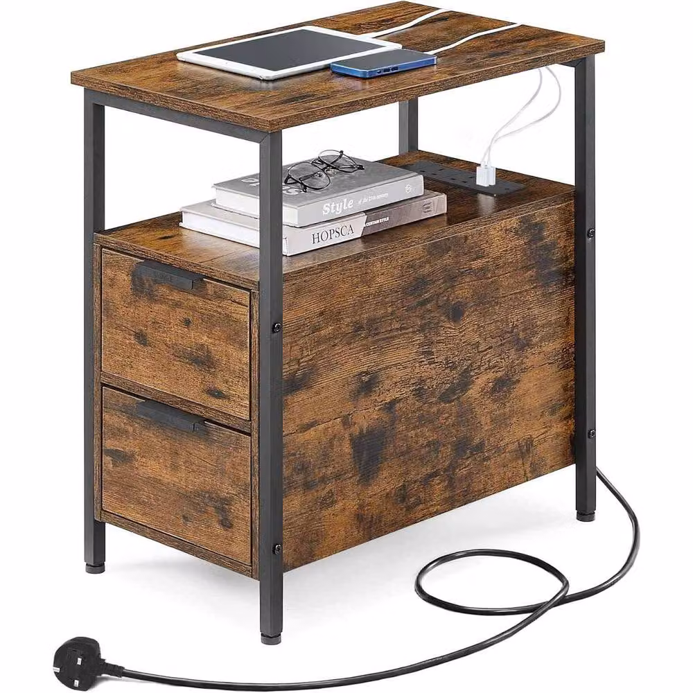 The Bazaarist Rustic Wood Narrow Bedside Table with Media Compartments in Brown and Black – 2