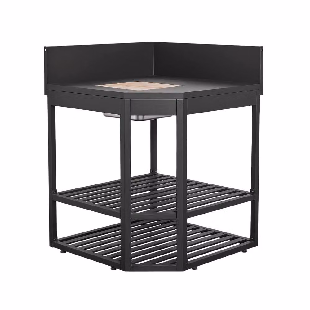 sweeek Modern Outdoor Kitchen Corner Module in Black Steel with Ice Bucket and Wooden Board – 2