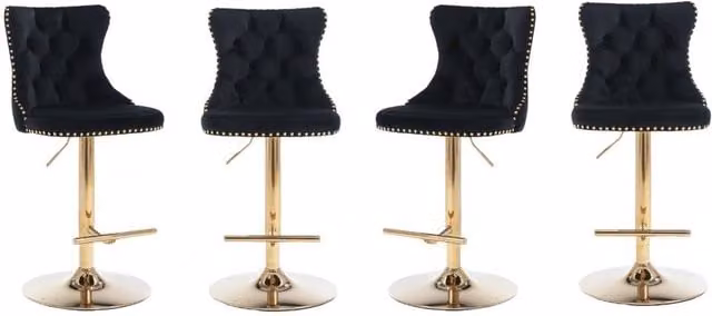 Modern Home Touch Set of 4 Luxury Velvet Adjustable Swivel Bar Stools with Gold Metal Base in Black