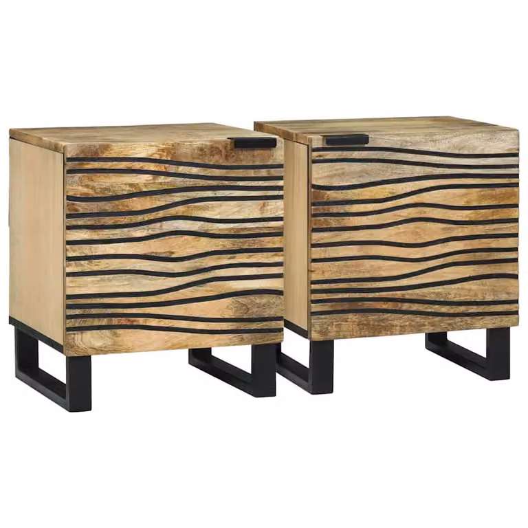 Berkfield Home Modern Bedside Cabinets, Set of 2, Solid Mango Wood, Beige, W/D/H: 40 x 33.5 x 46 cm