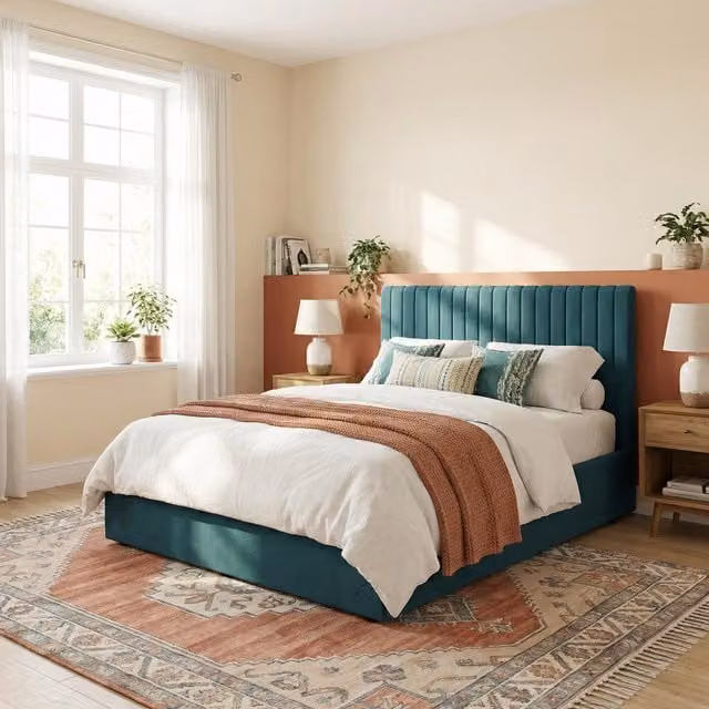 Sollom Petrol Blue Upholstered Ribbed Ottoman Lift Up Bed Frame - Double