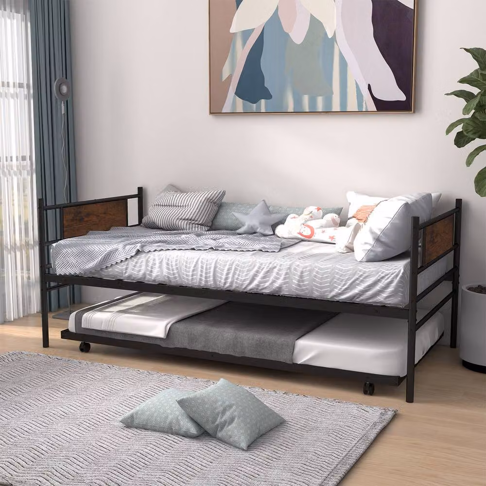 Costway Single Metal Daybed Sofa Bed with Pull-out Trundle in Brown – 4