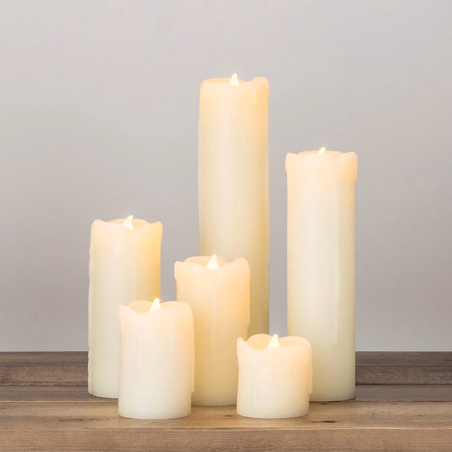 Set of 6 White Slim LED Battery Pillar Candles with Dripping Wax Effect and Flicker Function