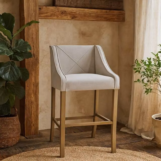Wyld Haus Perugia Modern Upholstered Bar Stool in Grey with Wooden Legs – 1