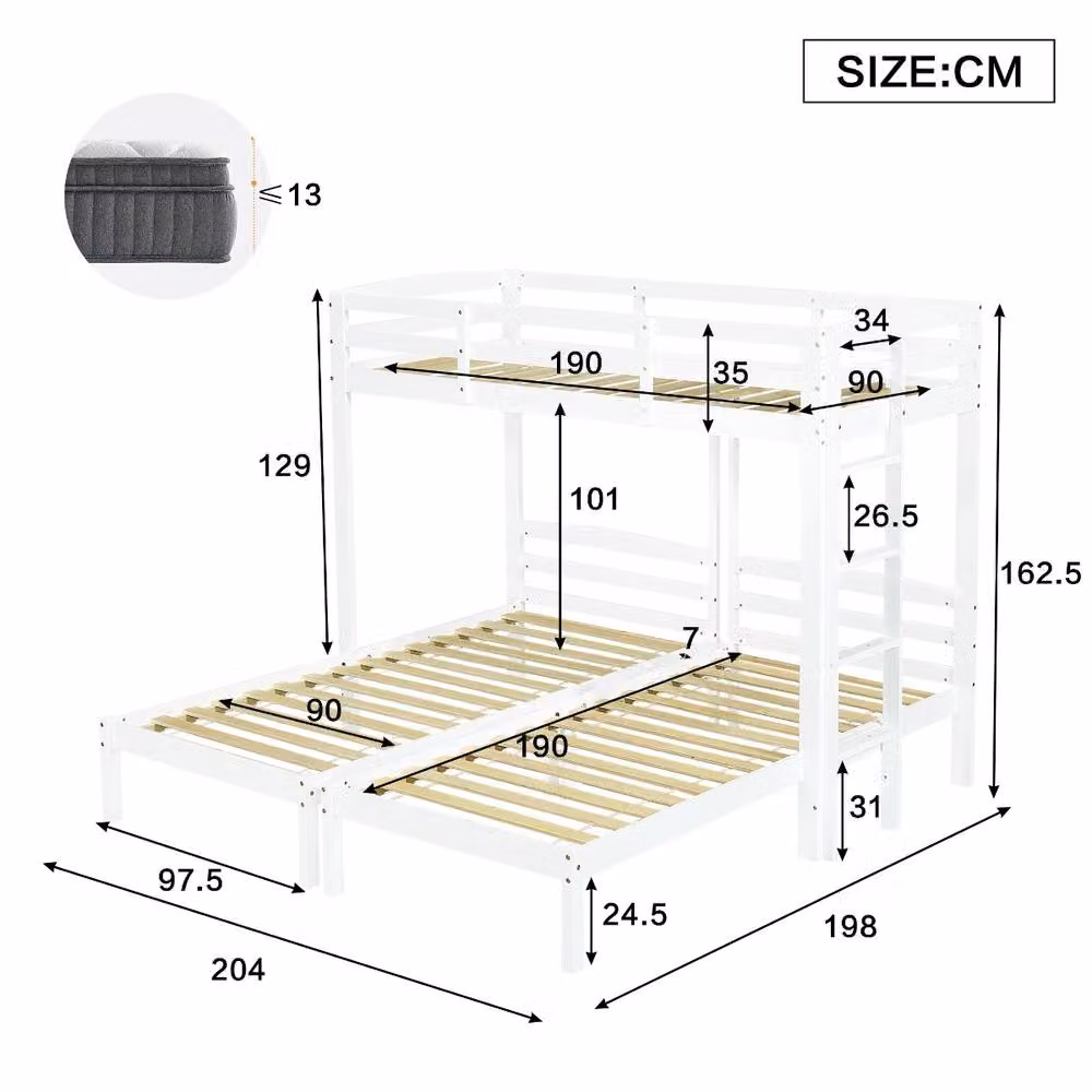 Rolipo White Wooden Triple Bunk Bed with Side Ladder and Compartments, Solid Pine, W/D/H: 190 x 90 x 120 cm – 2