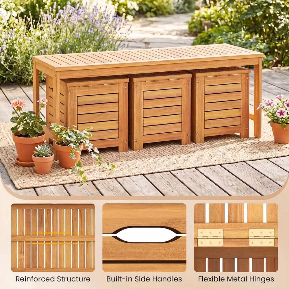 Kelvenix 4-Piece Brown Acacia Wood Outdoor Bench and Storage Box Set – 2