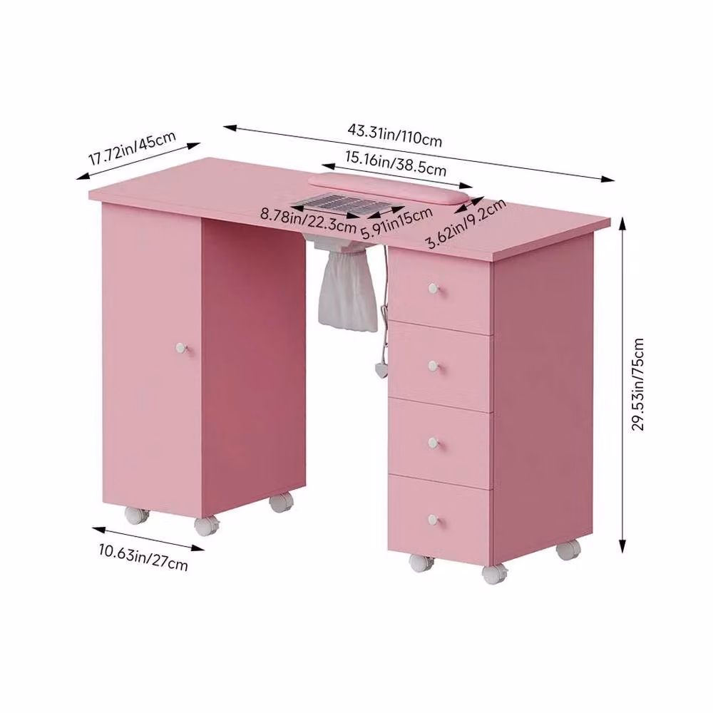 Kelvenix Professional Manicure Table in Pink, W/D/H: 110.0 x 75.0 x 0.6 m2 – 2