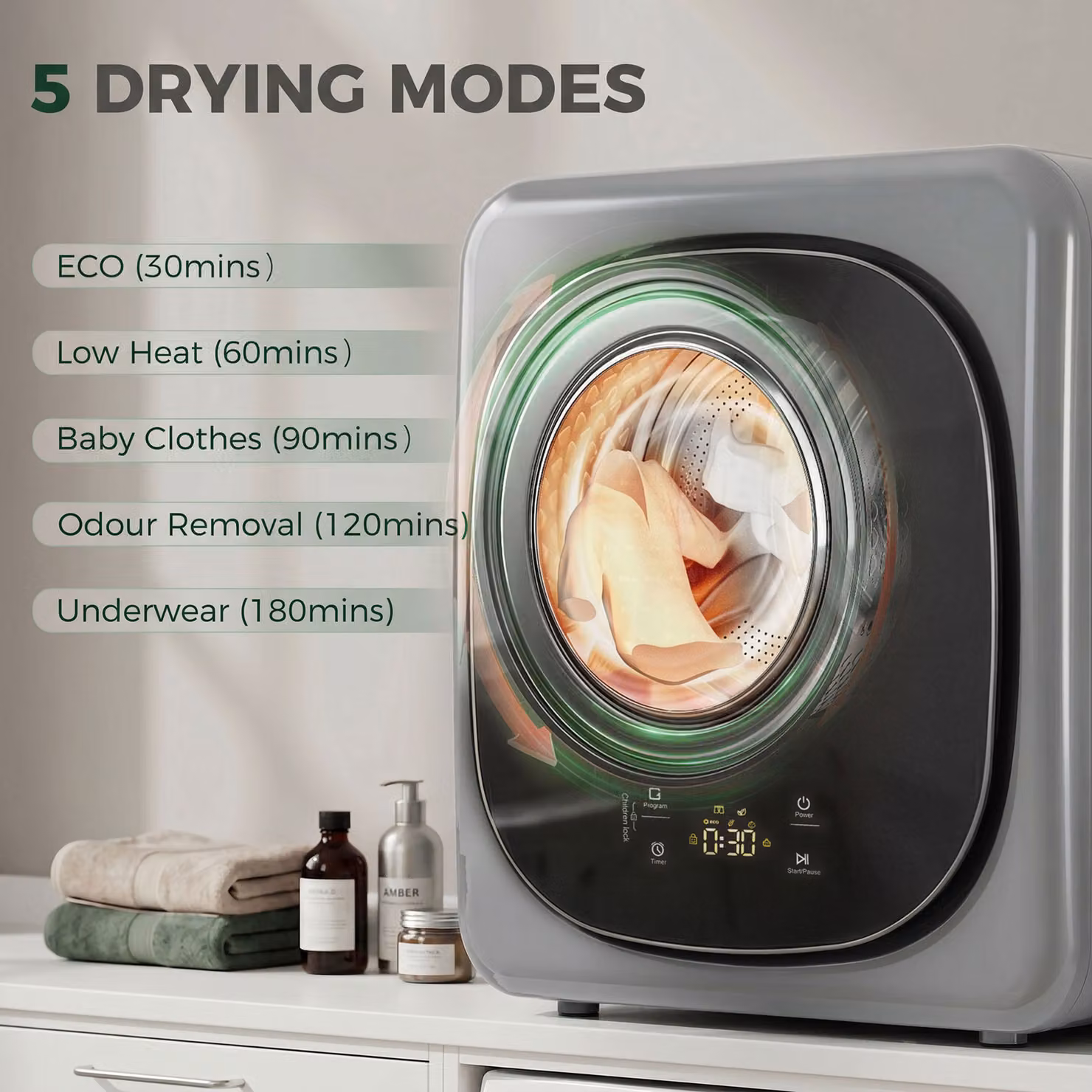 HOMCOM 4kg Vented Front Loading Freestanding Tumble Dryer with 5 Drying Modes, 800W, Silver – 4