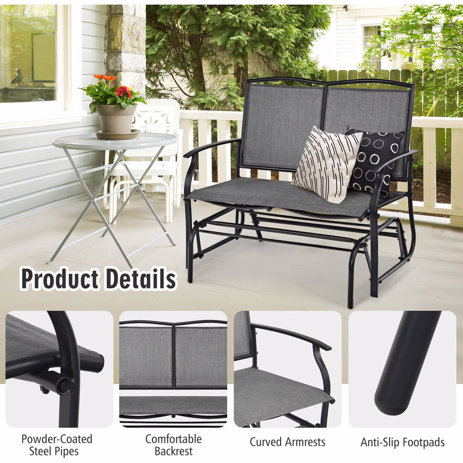 Costway 2-Person Modern Patio Swing Glider Bench in Grey with Armrests and Cushions – 2