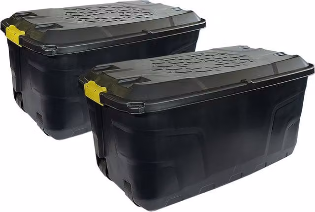 Charles Bentley Strata 145L Heavy Duty Plastic Trunk with Lid and Wheels, Pack of 2, Black and Yellow
