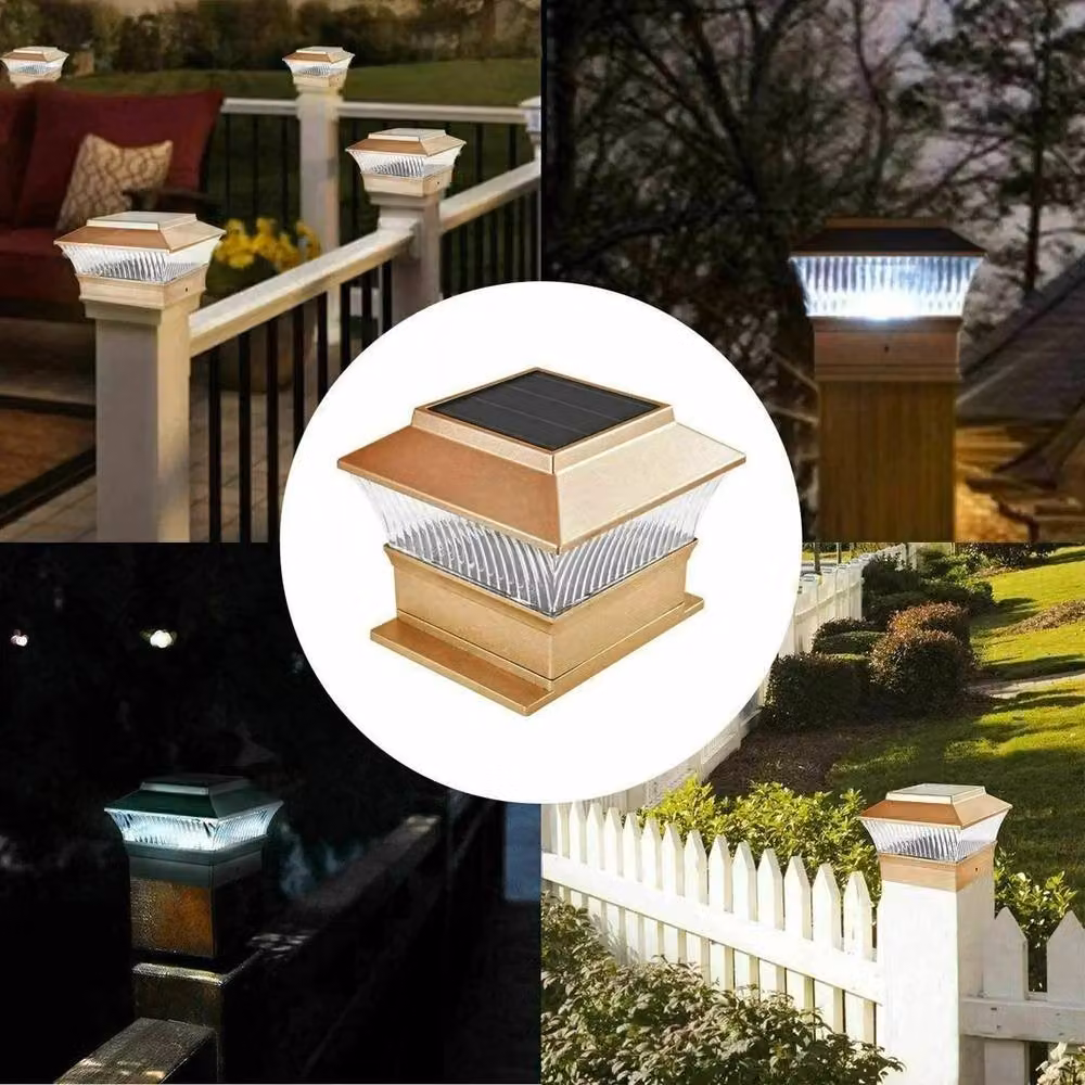 FLAVORA Set of 2 Solar Powered White LED Square Outdoor Post Cap Lights in Gold/Brass – 6