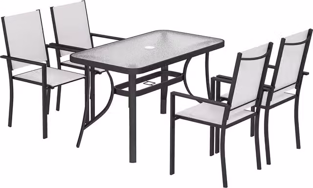 Outsunny Modern Garden Dining Set for 4 with Rectangular Glass-Top Table and Stackable Chairs in Light Grey – 1