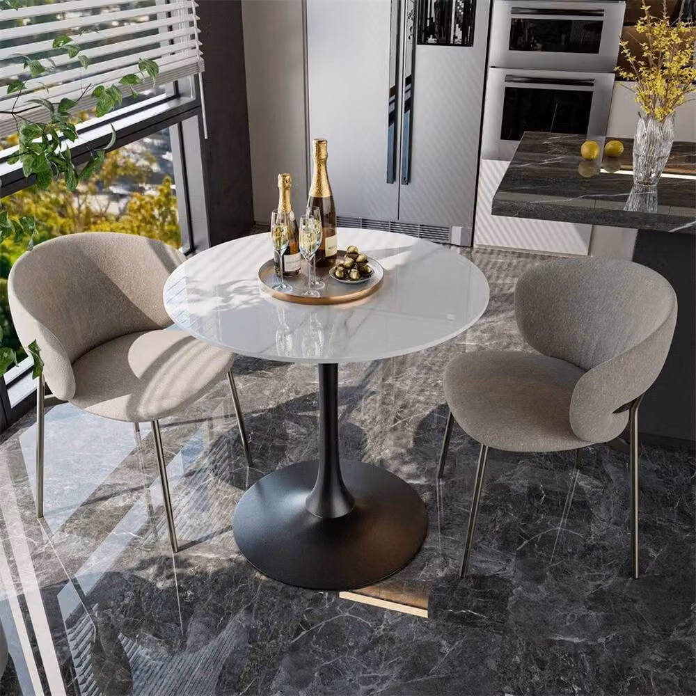 FORGEVIO Modern Round Tulip Dining Table with White Marble Effect Glass Top – 3