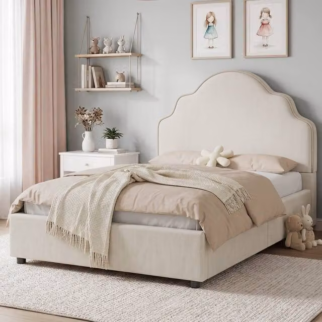 Merax Upholstered Single Bed Frame in Beige with Modern Curved Headboard, W/D/H: 90 x 190 x 100 cm