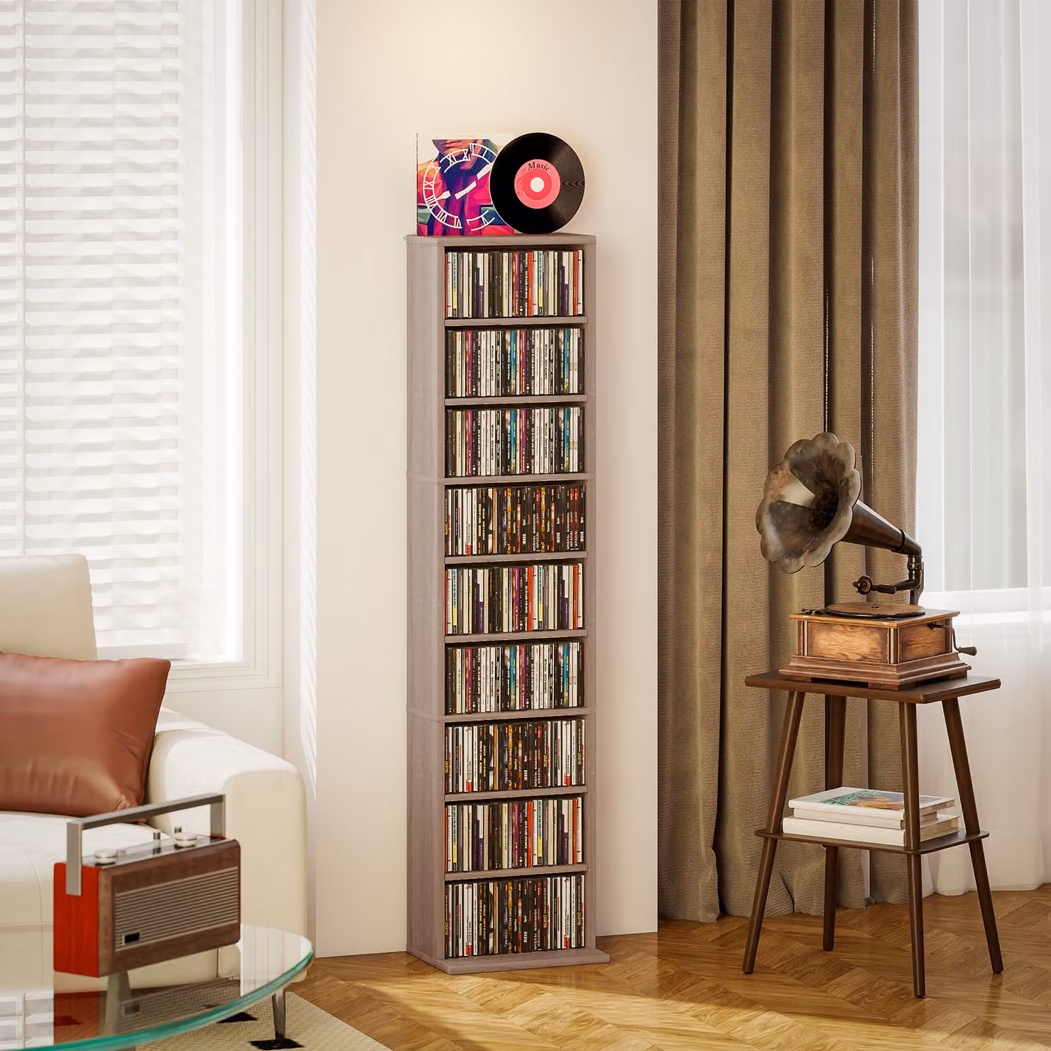 HOMCOM 260 Narrow CD Storage Unit in Brown with Adjustable Shelves and Media Compartments – 2