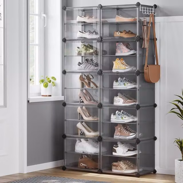 SONGMICS Modular Shoe Storage Cabinet with Glass Doors and Internal Shelves, Grey