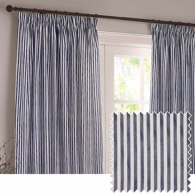 Riva Home Yard Hebden Striped Cotton Pencil Pleat Curtains, Blue, W: 168 cm, H: 183 cm