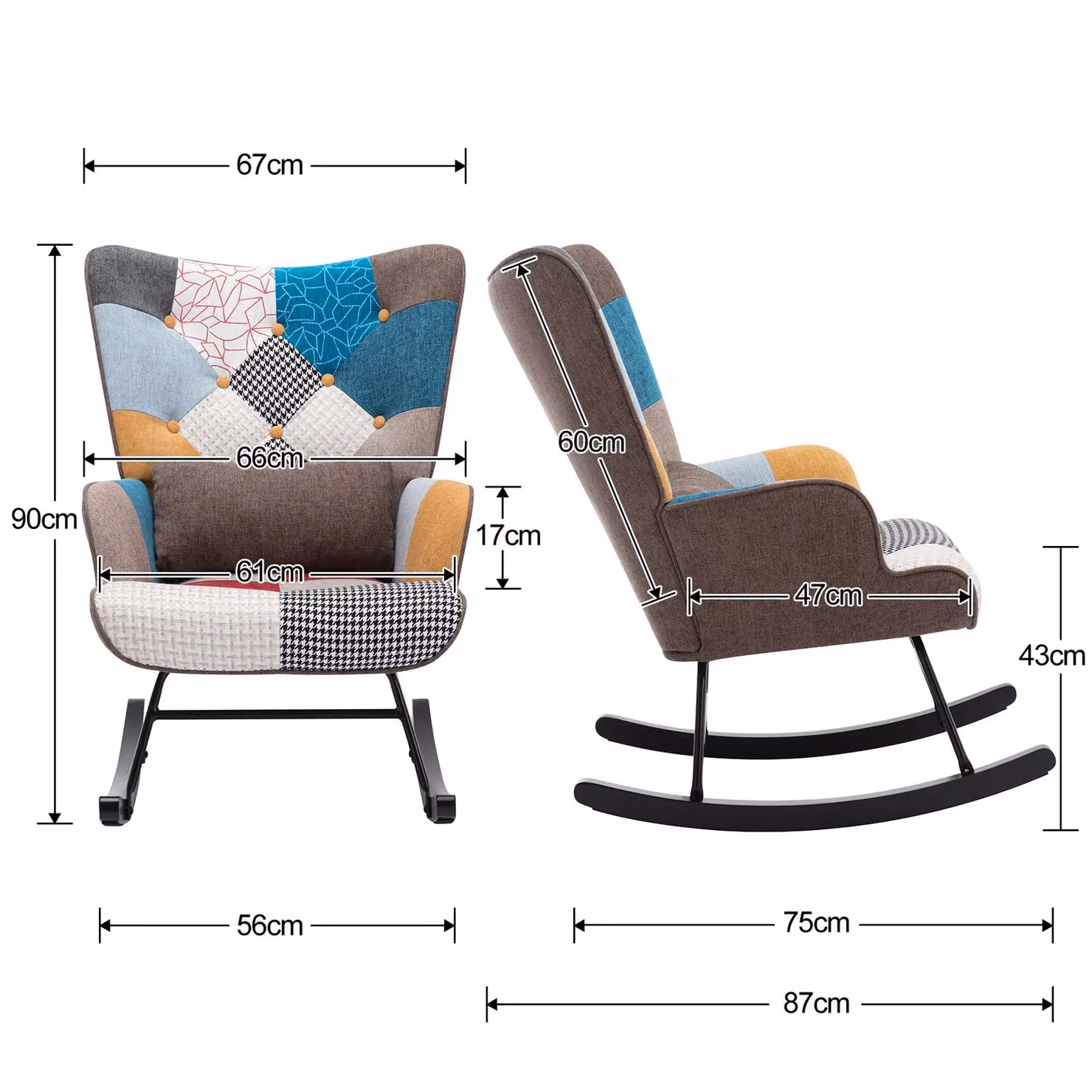 HomeMiYN Patchwork Fabric Rocking Chair with Brown Cushion and Armrests – 4