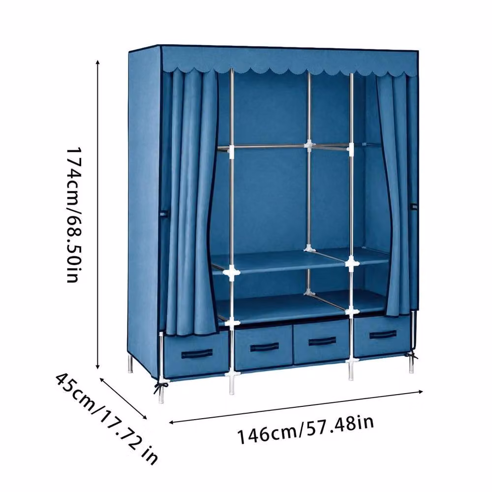 FORGEVIO Blue Treasure Portable Fabric Wardrobe with Internal Shelves, Drawers and Hanging Rod – 4