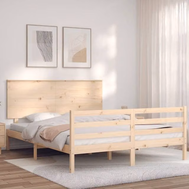 Berkfield Home Beautiful Solid Wood Bed Frame with Headboard in Beige, W/D/H: 150 x 200 x 82.5 cm – 1