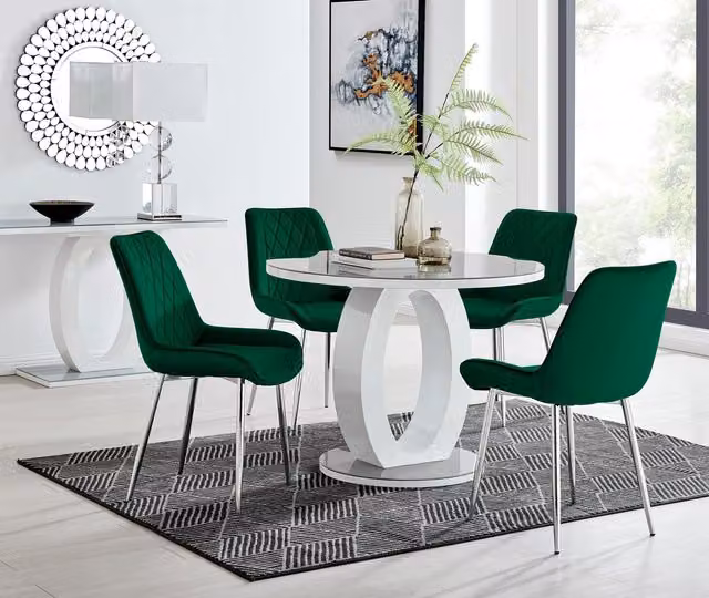 FurnitureboxUK Giovani Round Dining Set with Grey Glass Top 100cm White High Gloss Halo Base Table and 4 Green Velvet Pesaro Chairs with Silver Legs – 1