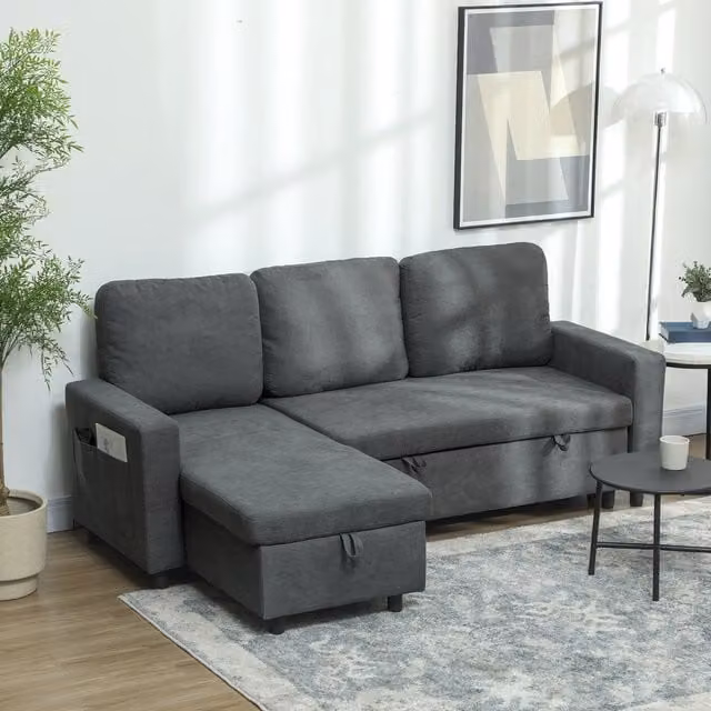 HOMCOM 3 Seater L-Shape Corner Sofa Bed with Pull Out Storage in Charcoal Grey