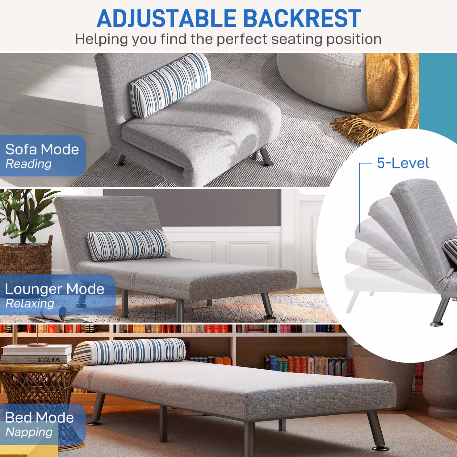 HOMCOM Single Sofa Bed with Pillow, Grey Foldable Fabric Sleeper with Metal Frame – 4