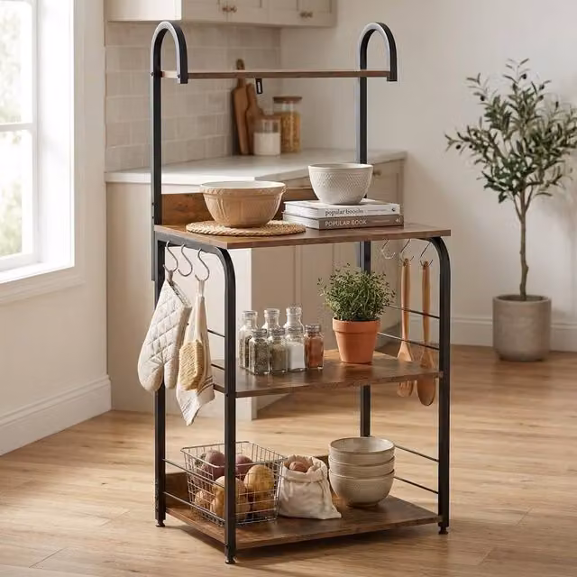 STILVORA Kitchen Storage Rack with Shelves and Hooks in Rustic Dark Brown – 1