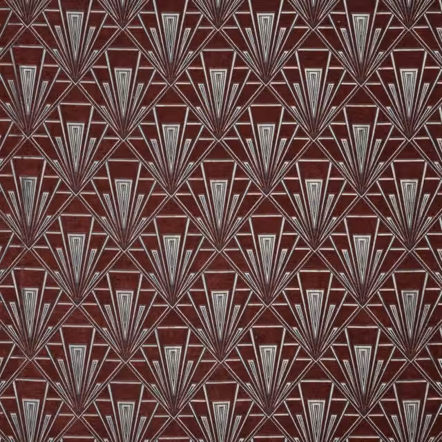 Terrys Gatsby Fabric Tamara Art Deco Graphic Chenille Velvet Upholstery in Red, Silver and Brown