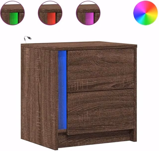 Berkfield Home Set of 2 Modern Brown Oak Bedside Cabinets with Integrated LED Lighting
