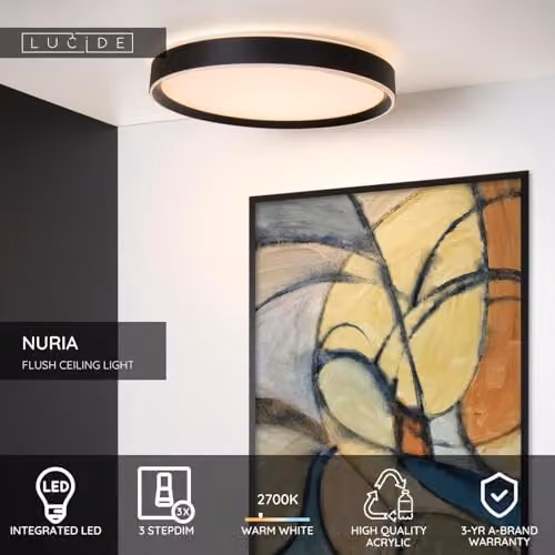 Lucide Nuria Dimmable LED Flush Ceiling Light, Black, Diameter: 50 cm – 2