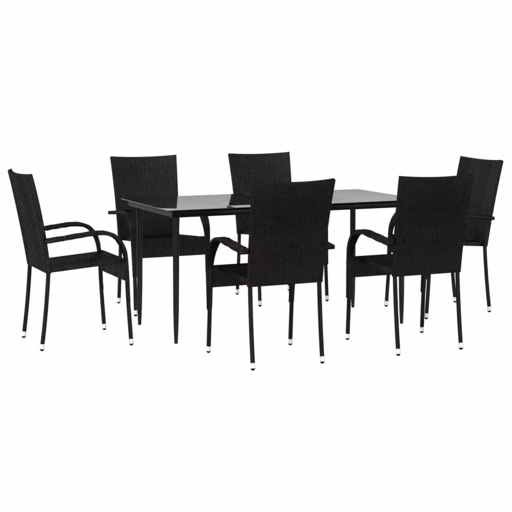 Berkfield Home 7 Piece Black Poly Rattan Garden Dining Set with Glass Top Rectangular Table – 3