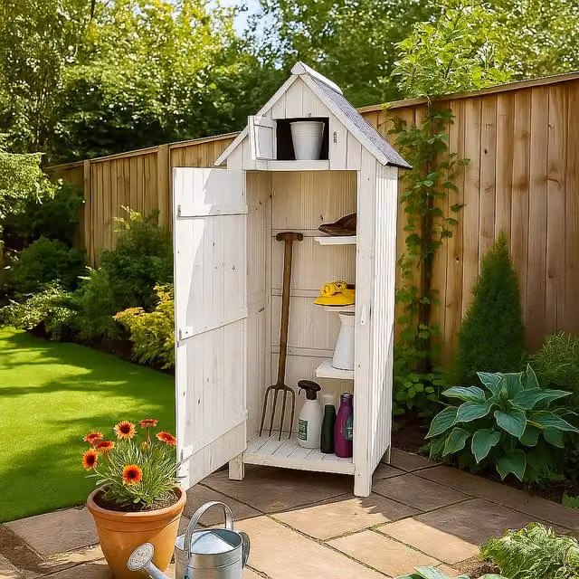 Jack Stonehouse Tall Slim Wooden Outdoor Garden Storage Shed with Shelving in White