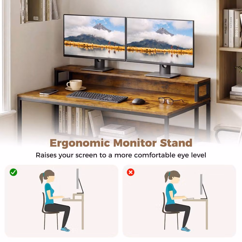 Gymax Industrial Office Desk with Monitor Stand, Brown Metal Frame – 3