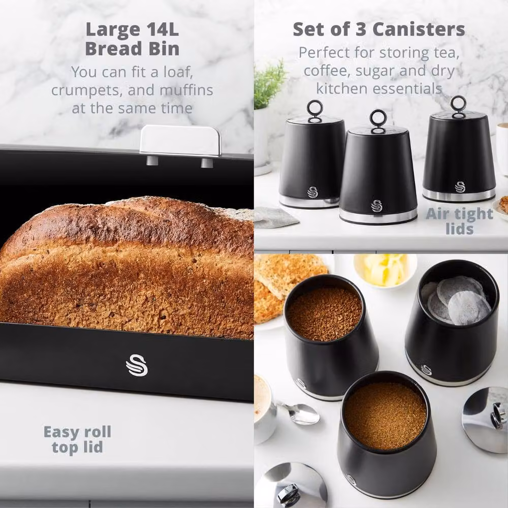 Swan Serenity Black Kitchen Set Including Bread Bin, 3 Canisters, Towel Pole and Mug Tree – 3