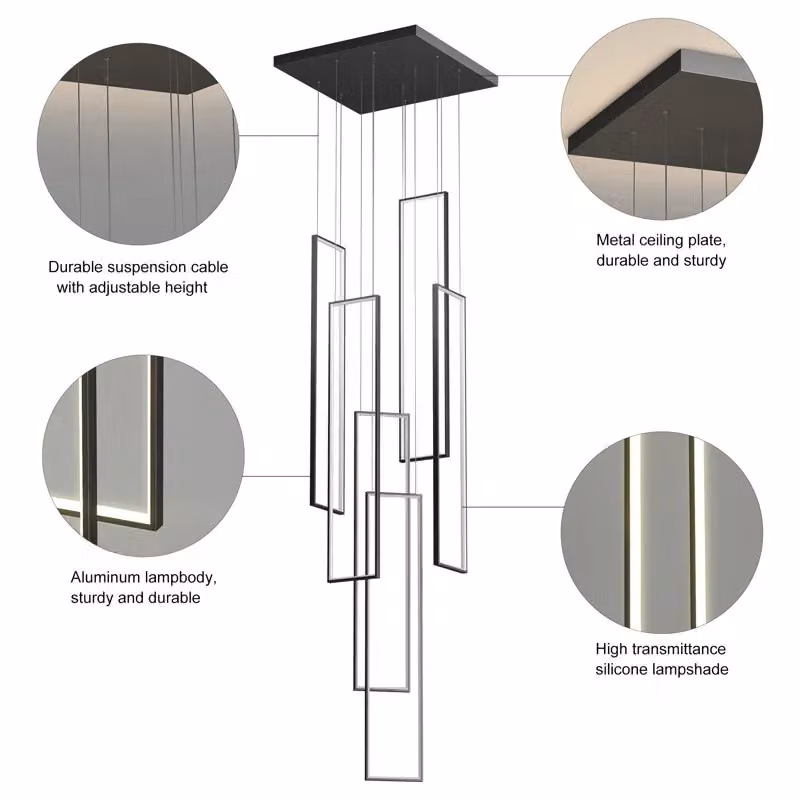 Garwarm 6-Light Modern Rectangular LED Dimmable Suspended Staircase Chandelier in Black – 4