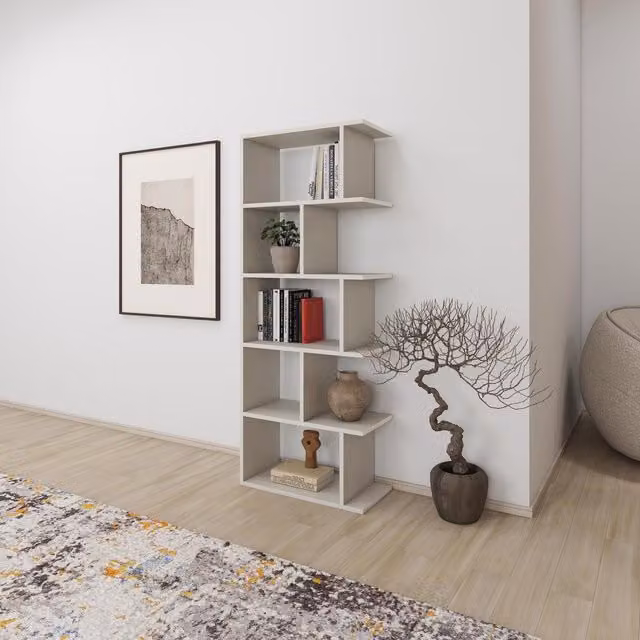 FWStyle 5 Tier Modern Open Plan Corner Bookcase Shelving Unit in Beige – 1